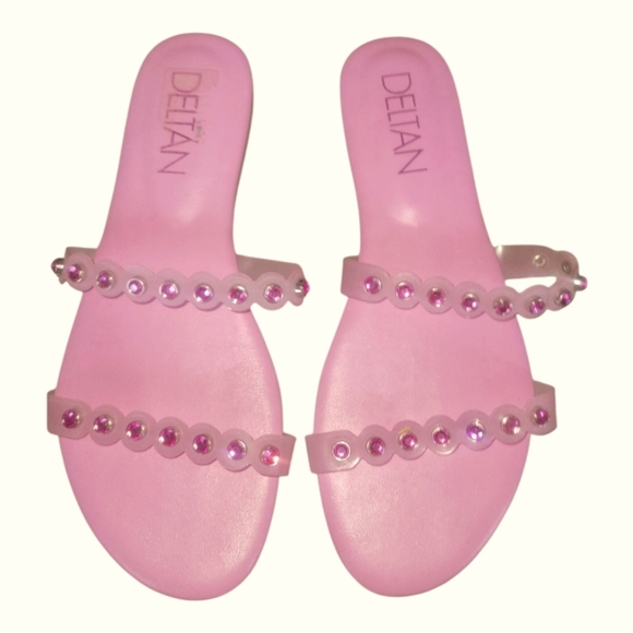Deltan Hollie Women's Scallop Rhinestone Embellished Double Straps Pink Sandals - Picture 1 of 7